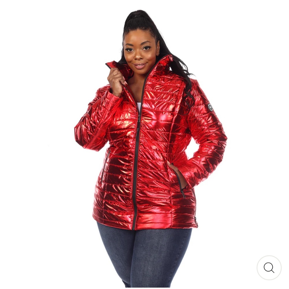 White Mark Women's Plus Size Metallic Zip-Up Quilted Coat - Picture 2 of 9